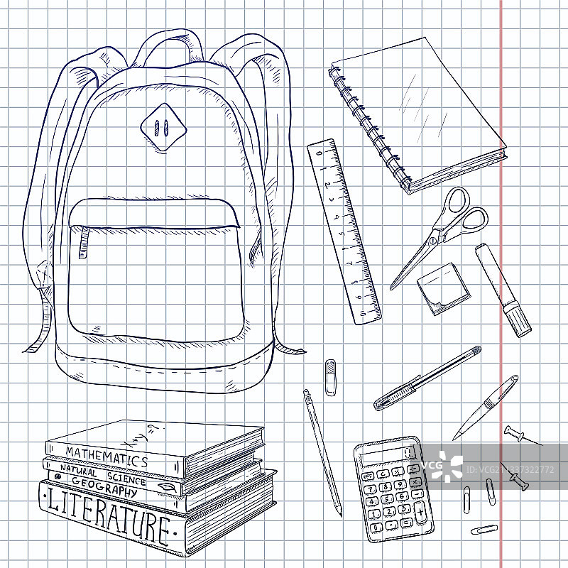 背包和学习用品素描合集图片素材