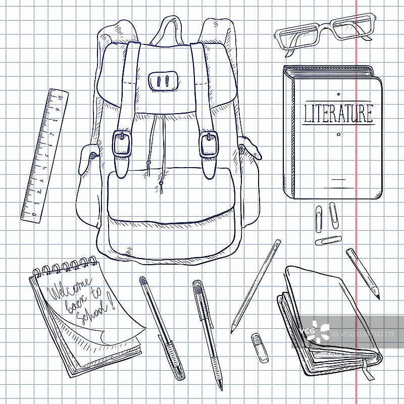 背包和学习用品素描合集图片素材