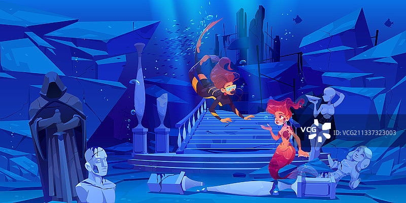 水肺潜水员与美人鱼在水下相遇图片素材