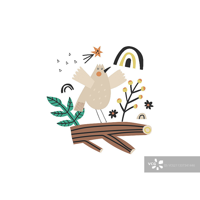 坐在树枝上的可爱小鸟角色图片素材