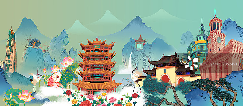 中国国潮国风名胜古迹历史名楼湖北武汉建筑青绿山水插画图片素材