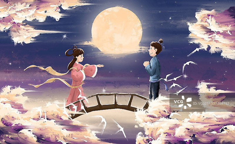 牛郎织女鹊桥相会七夕节插画图片素材