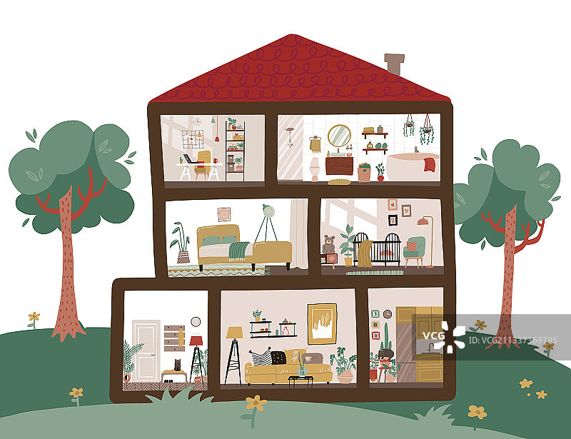 剖面乡村大宅室内设计图片素材