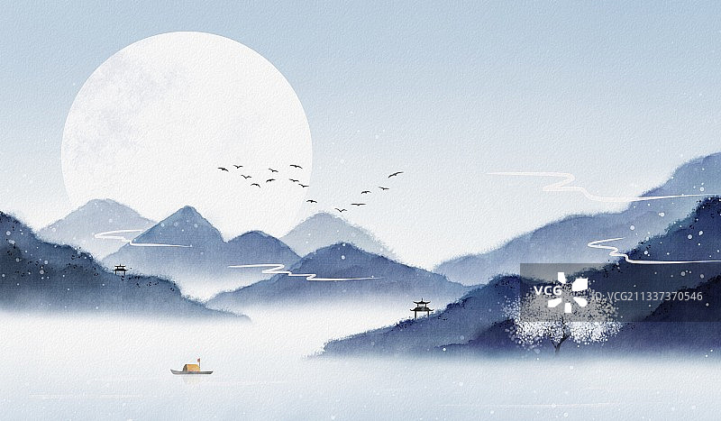 手绘水彩山水插画图片素材