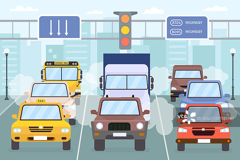 城市道路交通拥堵与烟雾图片素材