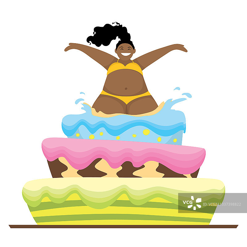 身穿黄色泳衣的深色皮肤女性跳跃图片素材