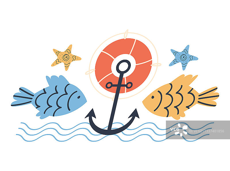 白色背景上的鱼锚和救生圈图片素材