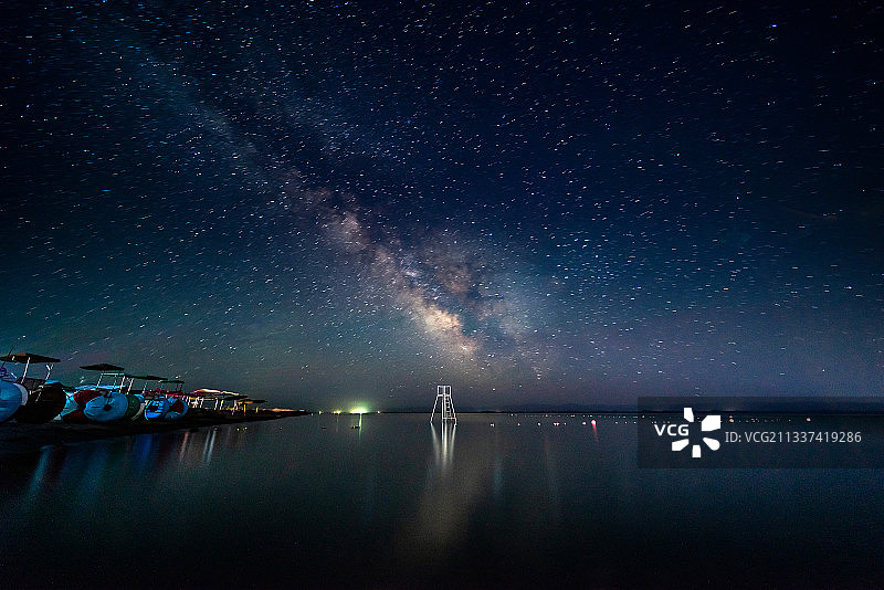 新疆和硕县博斯腾湖星空银河夜景图片素材