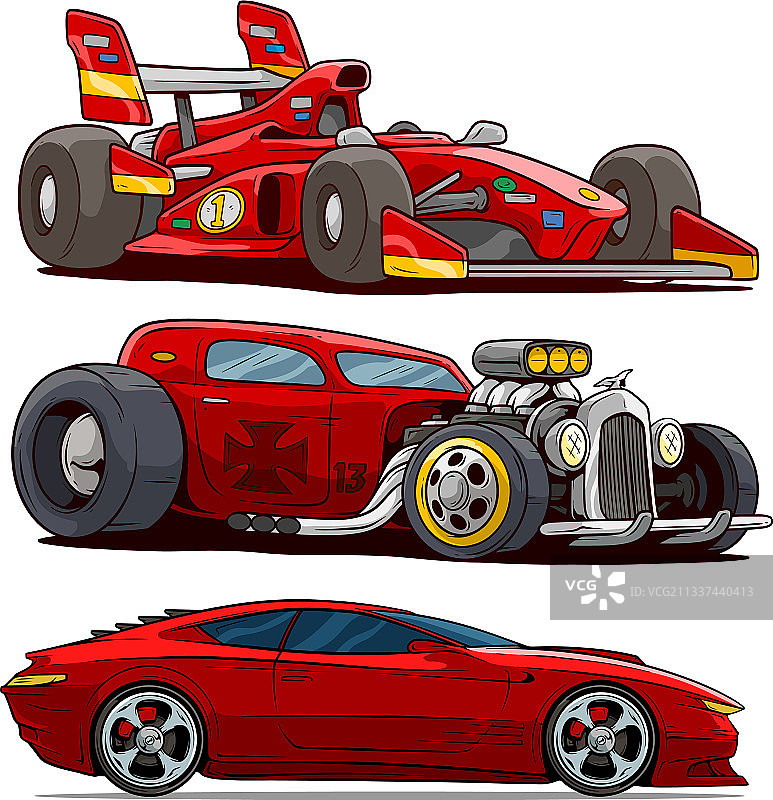 卡通红色现代跑车和复古老爷车图片素材