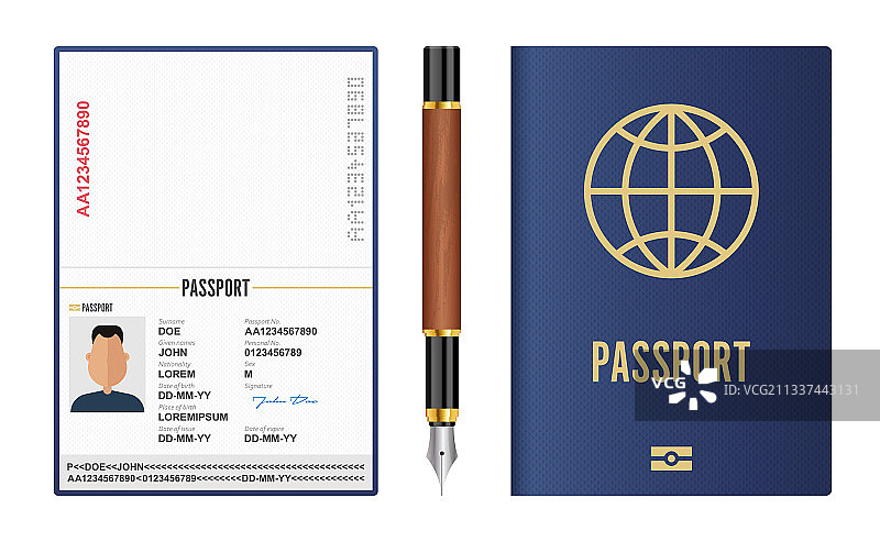 逼真国际护照和钢笔图片素材