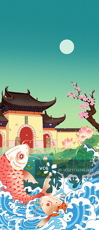 中国风国潮湖北武汉名胜古迹归元寺历史名楼鲤鱼插画图片素材