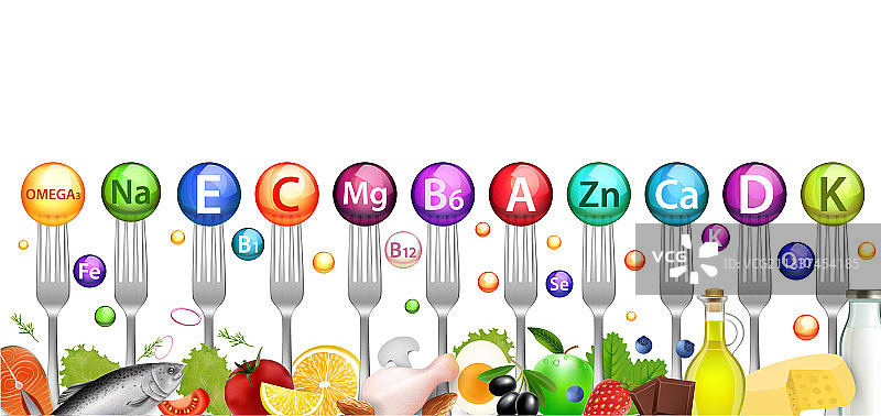 富含维生素的矿物质球和食物图片素材