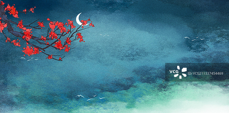 水彩古风风景图片素材