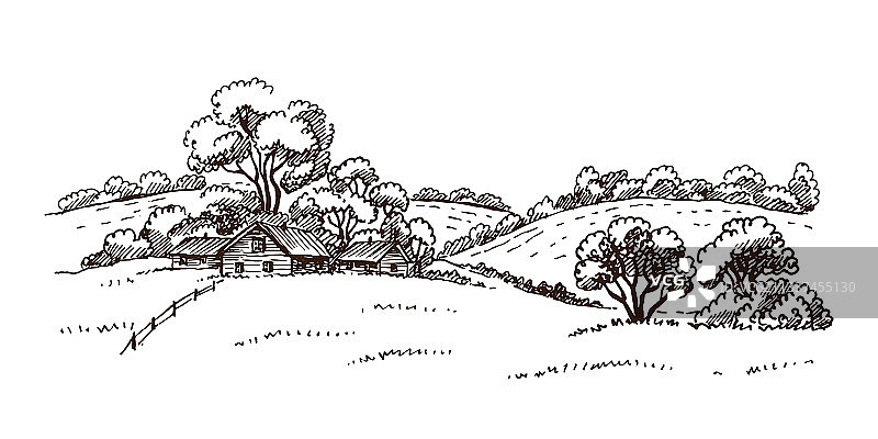手绘乡村自然风光图片素材