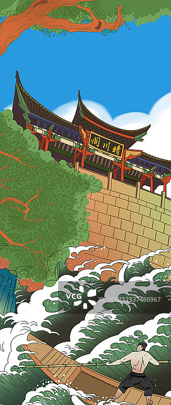 中国风国潮湖北武汉汉阳晴川阁历史古迹亭台楼阁插画图片素材