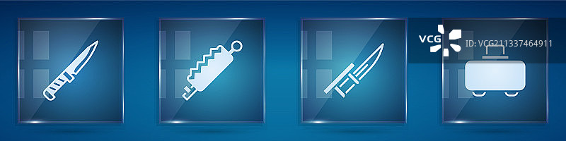 军用刀具、猎用陷阱和步枪刺刀套装图片素材