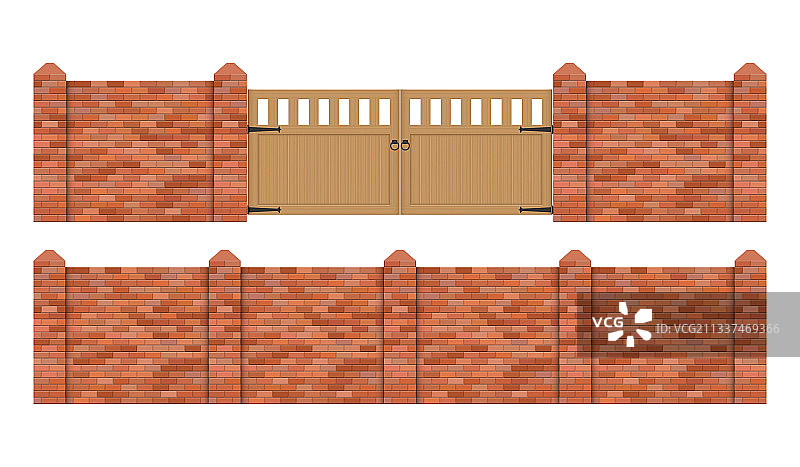白色背景上孤立的砖砌围栏与木门图片素材