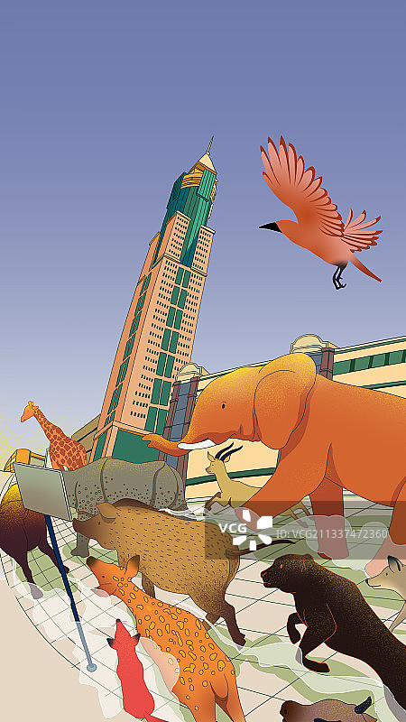 中国风国潮湖北武汉佳丽广场动物幻想奇妙世界插画图片素材