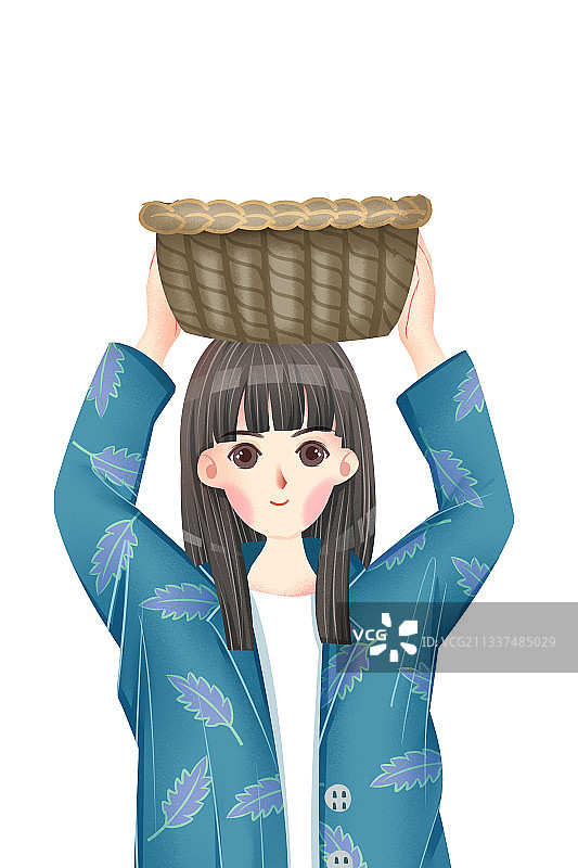 女孩头顶上的篮子插画元素图片素材