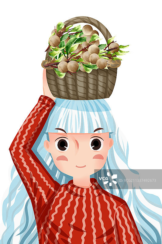女孩携带着龙眼水果插画元素图片素材