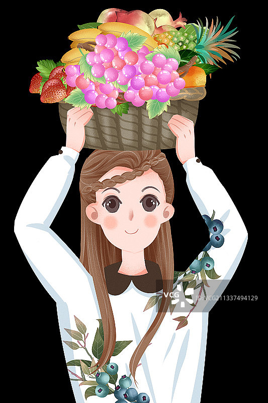 女孩携带着各种水果插画元素图片素材