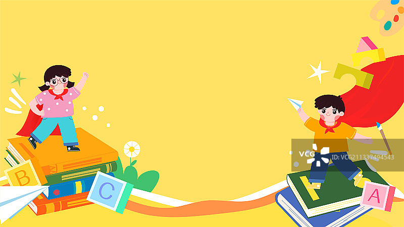儿童披着披风站在书本上矢量插画背景横图图片素材