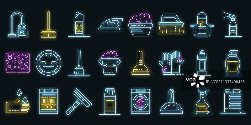 清洁设备图标霓虹灯套装图片素材