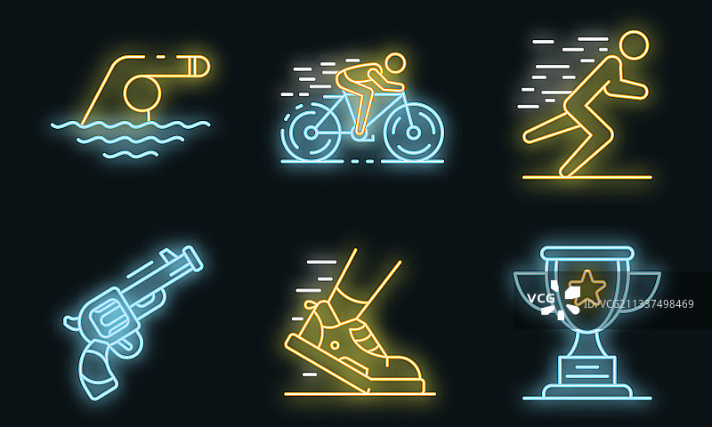 铁人三项图标霓虹灯套装图片素材