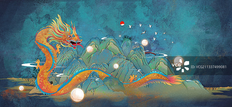 龙行天下国潮风壁画风插画图片素材