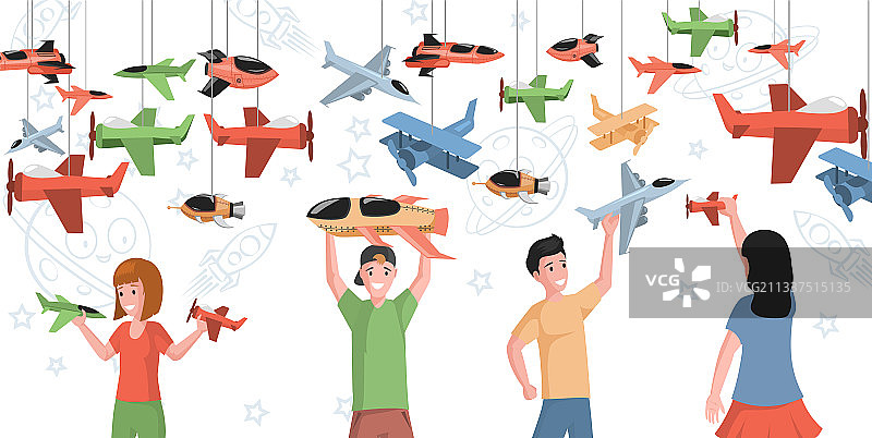 快乐的儿童在玩玩具飞机图片素材