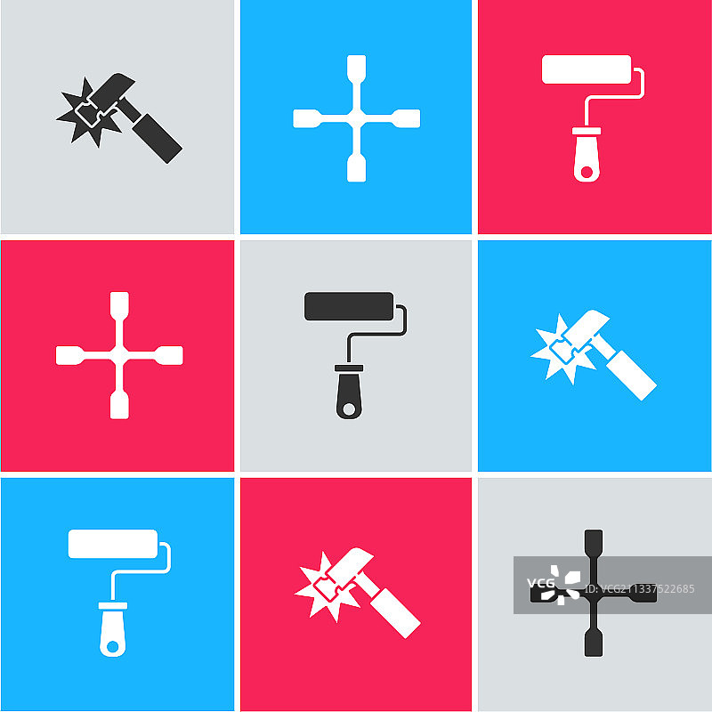 锤子、轮胎扳手和油漆滚刷套装图片素材