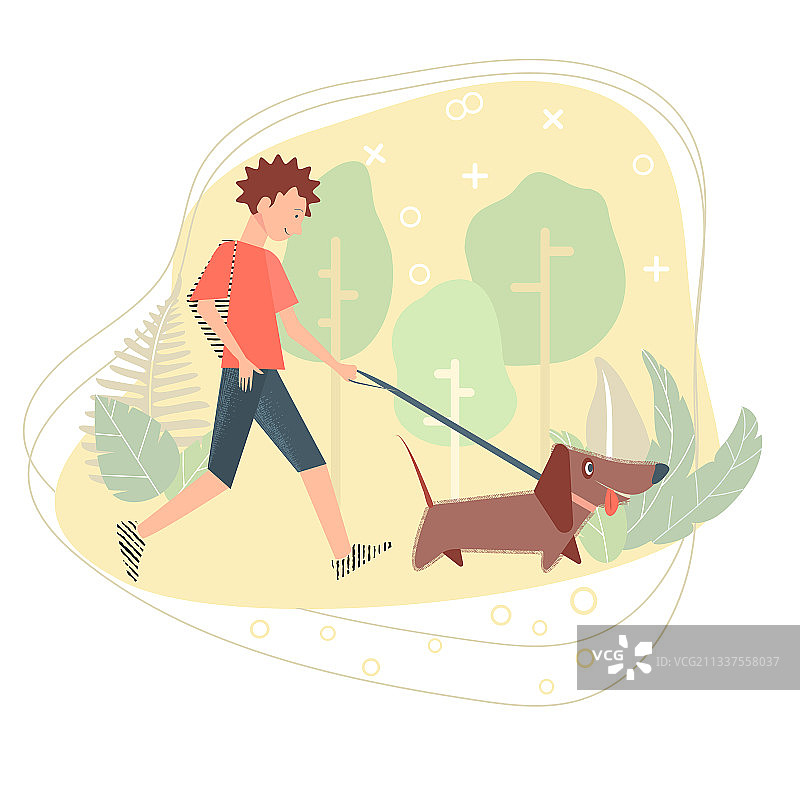 男孩和狗一起散步图片素材