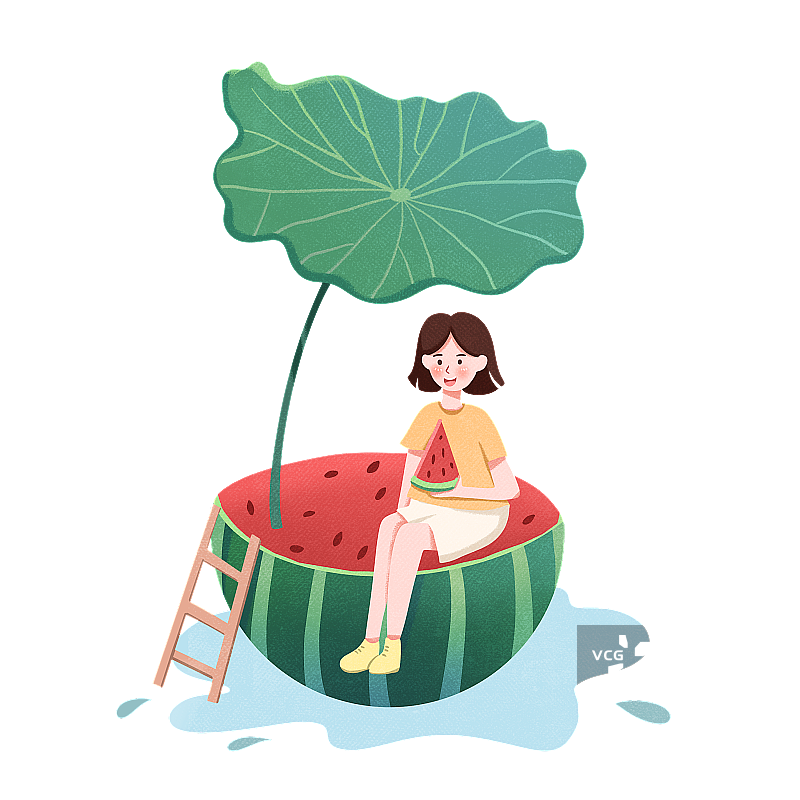 夏天节气大暑西瓜荷叶人物插画元素图片素材