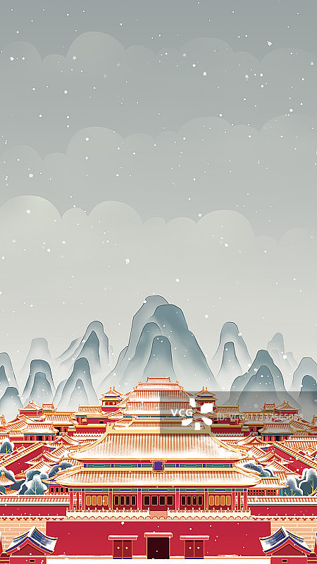 中国风冬天故宫插画图片素材