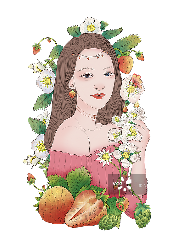 拿着草莓啤酒花的女孩透明背景图片素材