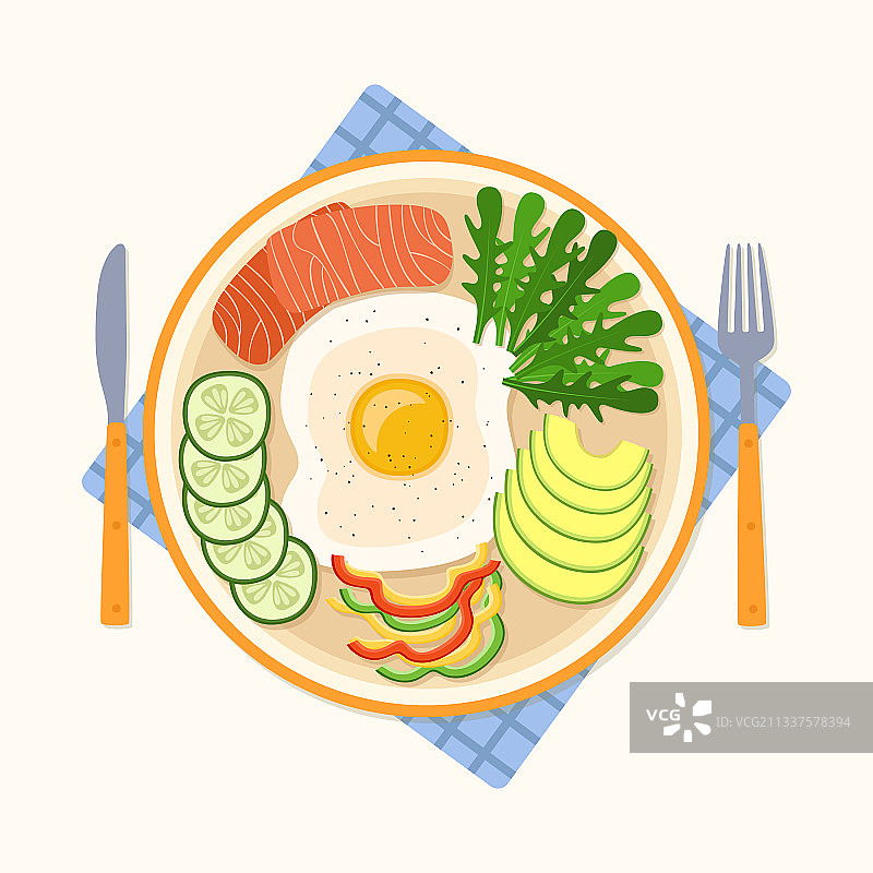 含煎蛋黄瓜辣椒三文鱼的早餐图片素材