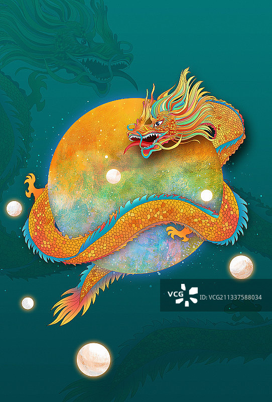 蛟龙绕月 国潮风插画图片素材