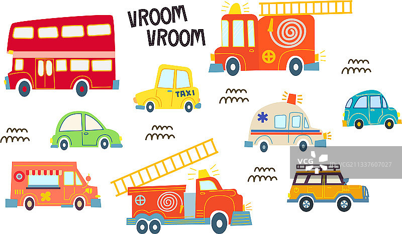 儿童可爱汽车：消防车、救护车、SUV图片素材