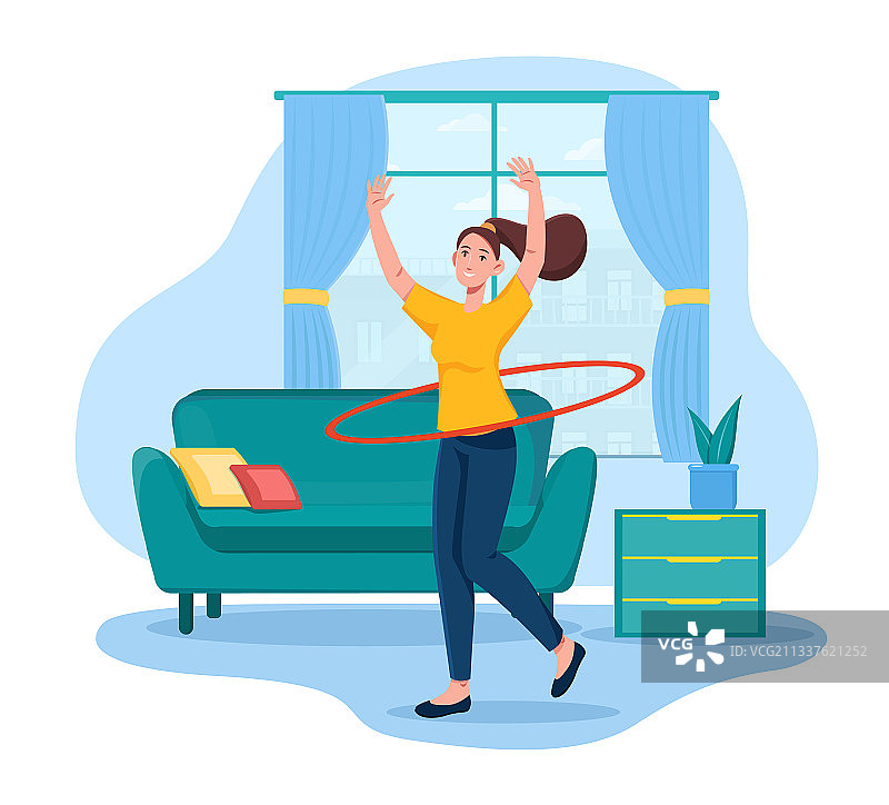 年轻漂亮的女孩在家中转呼啦圈图片素材