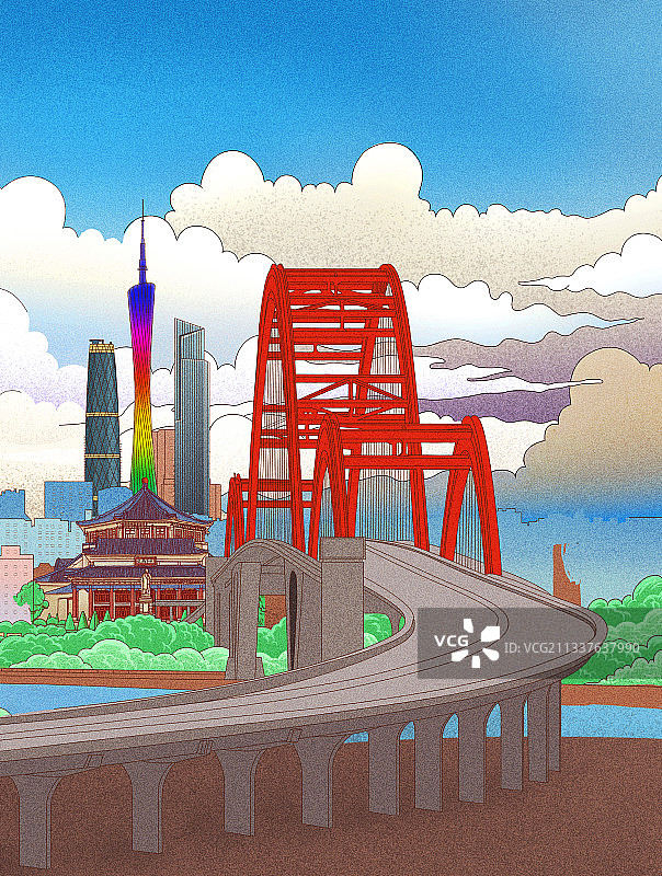 广州地标建筑广州塔五羊雕像珠江新城CBD插画图片素材