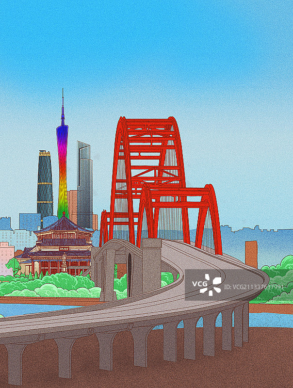 广州地标建筑广州塔五羊雕像珠江新城CBD插画图片素材