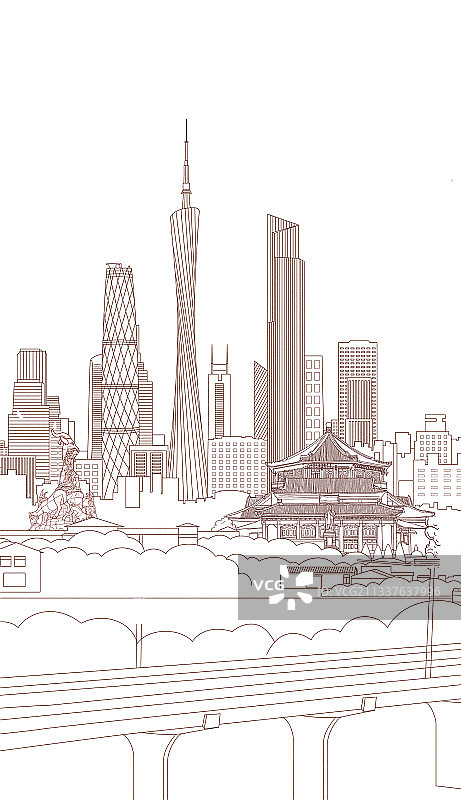 广州地标建筑广州塔五羊雕像珠江新城CBD线稿插画图片素材