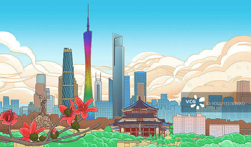 广州地标建筑广州塔五羊雕像珠江新城CBD插画图片素材