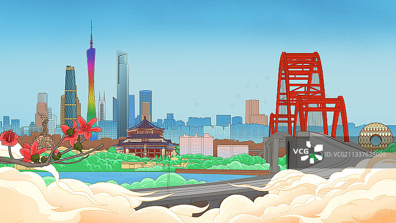 广州地标建筑广州塔五羊雕像珠江新城CBD插画图片素材