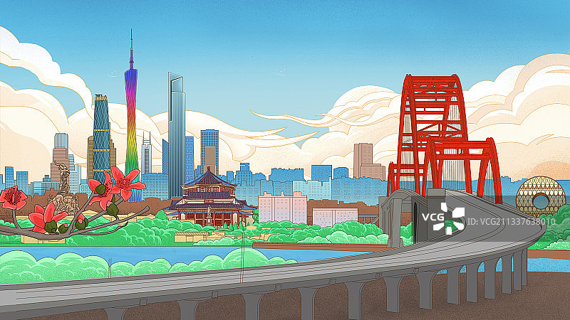 广州地标建筑广州塔五羊雕像珠江新城CBD插画图片素材