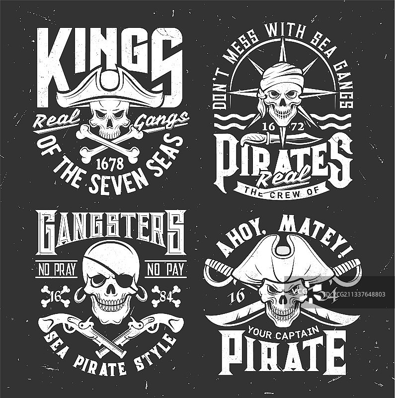 戴三角帽的海盗骷髅吉祥物T恤印花图片素材