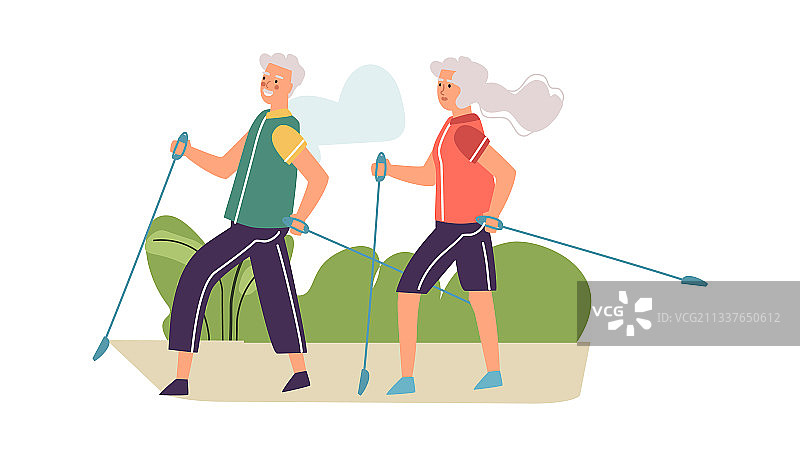 老年夫妇进行北欧式健走图片素材