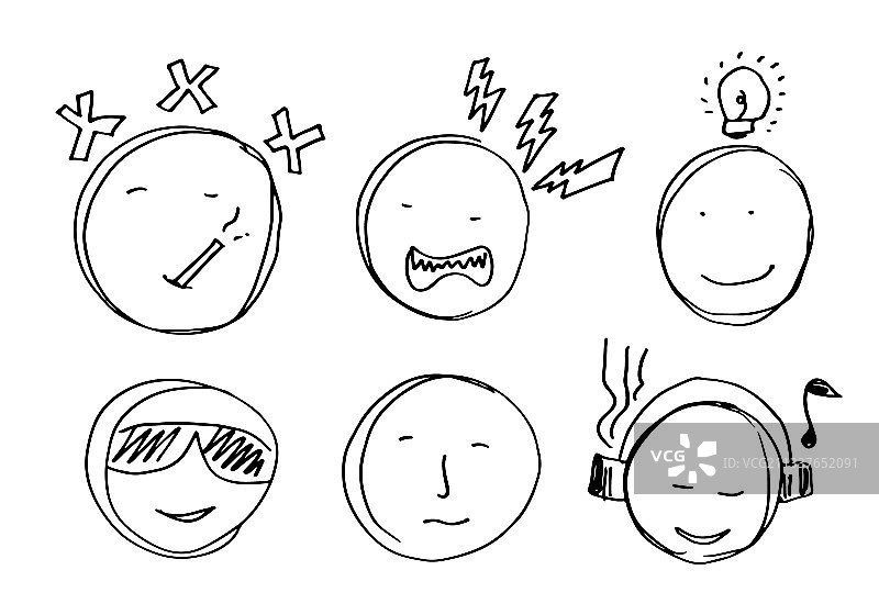 白色背景上的手绘可爱表情符号套装图片素材