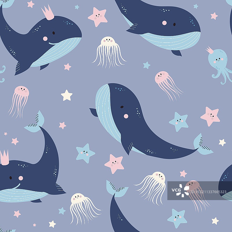 蓝色鲸鱼海洋动物无缝图案图片素材