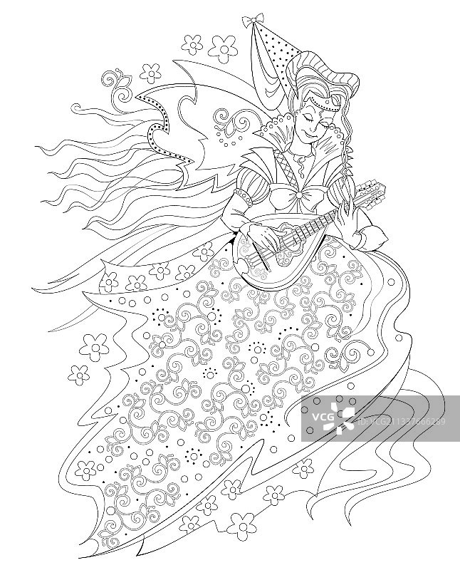 用于奇幻填色书的黑白页面图片素材